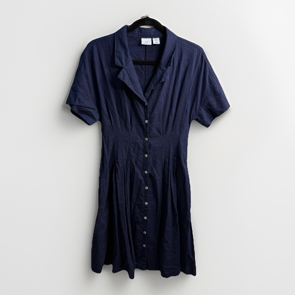 Halston Womens Short Sleeve Button Down Pleated Midi Dress Linen Blend Blue Sz 8